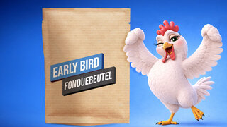 Ein weisses Huhn bejubelt die Early-Bird-Aktion für Fonduebeutel.