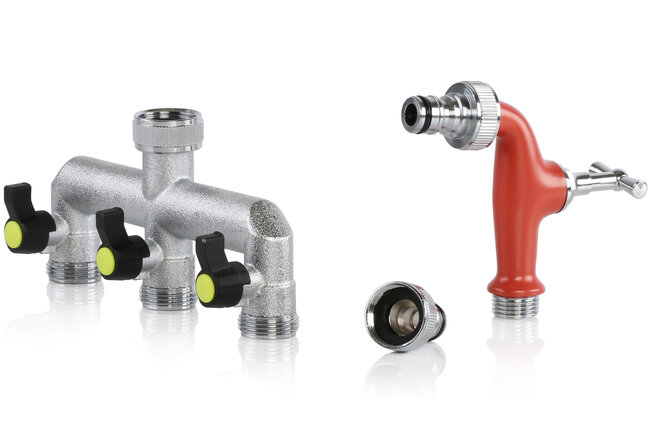 Drei verschiedene Bewässerungsarmaturen der Marke gartec AQUAJET stehen nebeneinander