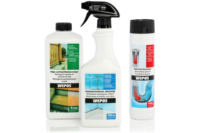 Drei WEPOS Spezial-Reiniger nebeneinander stehend: Wege- und Dachflächenreiniger, Schimmel Entferner und Rohrfrei Granulat