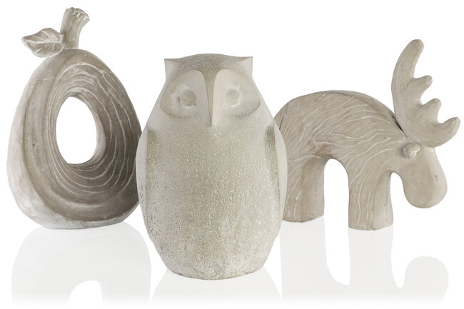 gartec Gartenfiguren aus Zement in Naturfarben, Eule, Hirsch und Birne