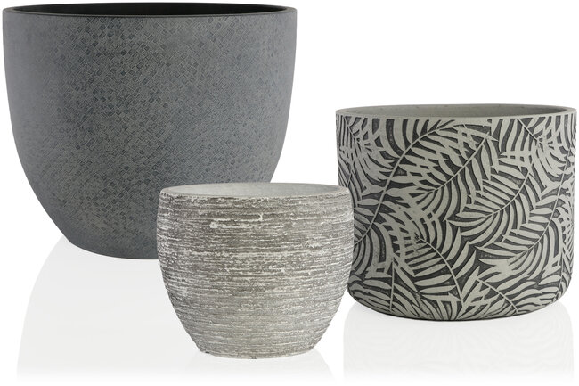 Drei gartec Leichtzementgefässe in verschiedenen Grössen in Grau und Beige für Garten und Terrasse