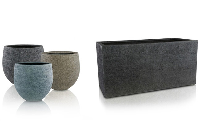 Vier Gartec Fiberstone Gefässe, drei runde Pflanzengefässe in Grey, Grey Blue und Taupe sowie rechteckiger Pflanzkasten in Anthracite