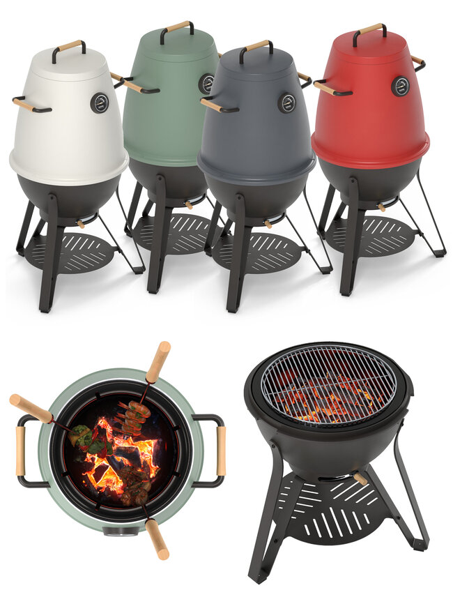 Kandu Kohlegrills in Weiss, Grün, Blau und Rot sowie Detail- und Anwendungsbilder mit Grillrost und glühender Kohle